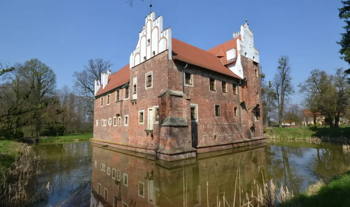 Zamek otoczony fosą, z ceglanymi murami i charakterystycznymi białymi szczytami. Woda odbija jego architekturę, tworząc malowniczy widok. Miękinia.