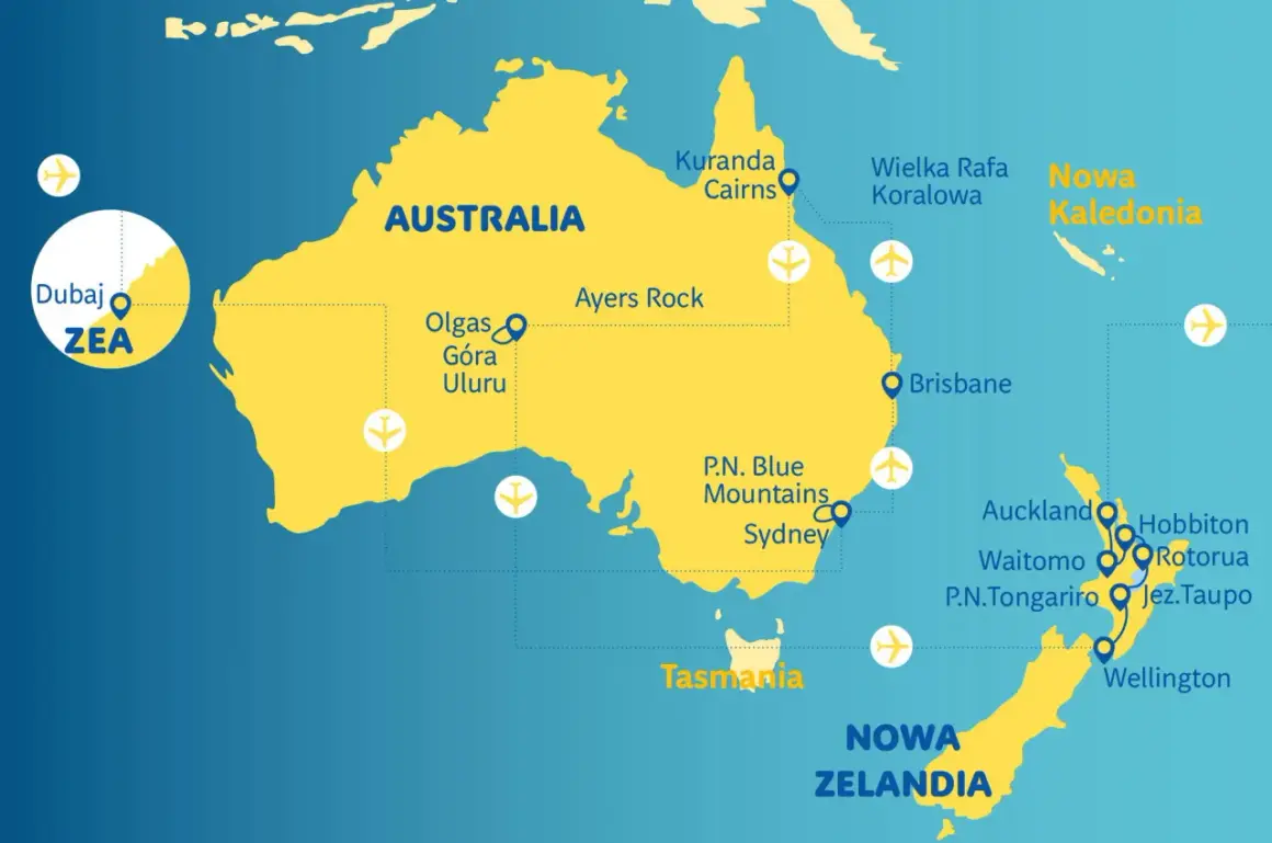 Mapa pokazuje Australię i Nową Zelandię. Z Dubaju (ZEA) można polecieć do wielu miejsc, w tym do Nowej Zelandii.
