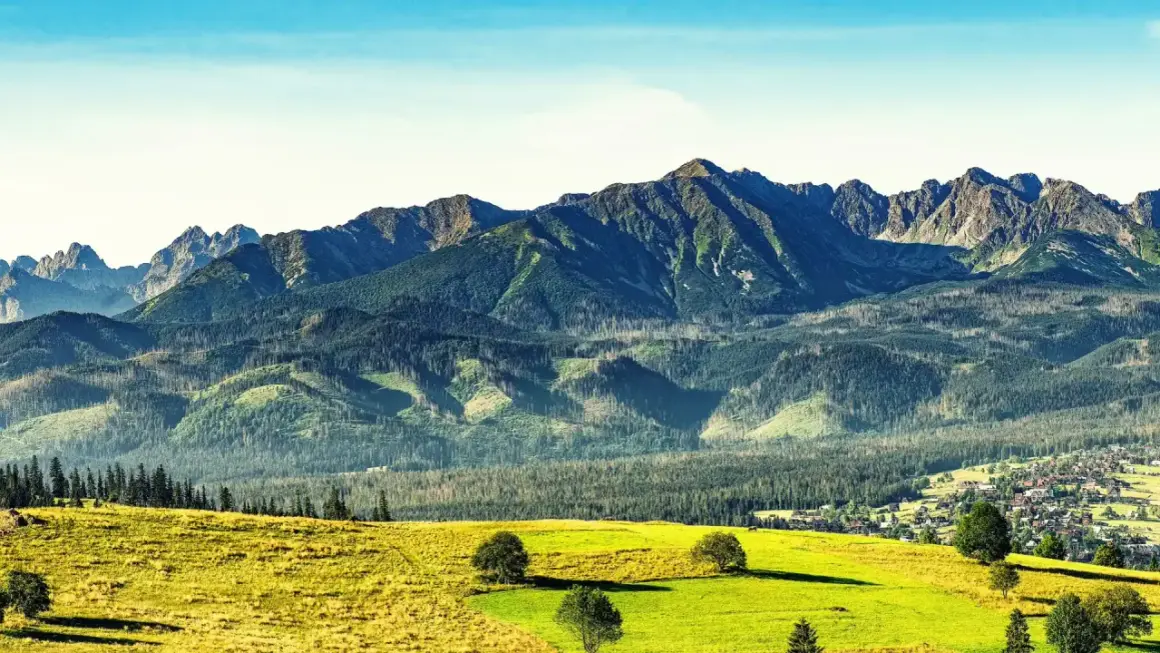 Sierockie widoki na Tatry z zielonymi łąkami i lasami.