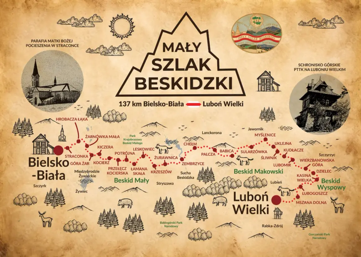 Mapa turystyczna Mały Szlak Beskidzki, 137 km z Bielska-Białej na Luboń Wielki.