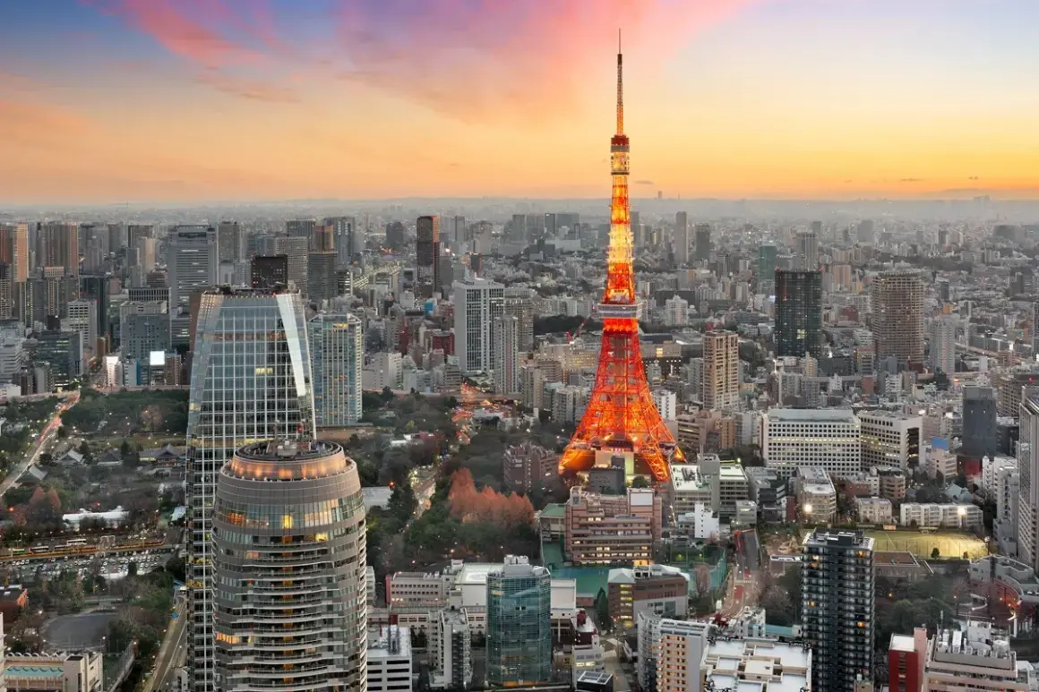 Widok na Tokio z wieżą Tokyo Tower w pomarańczowych barwach o zachodzie słońca. Tysiące budynków, które świadczą o tym, ile ludzi mieszka w Tokio.