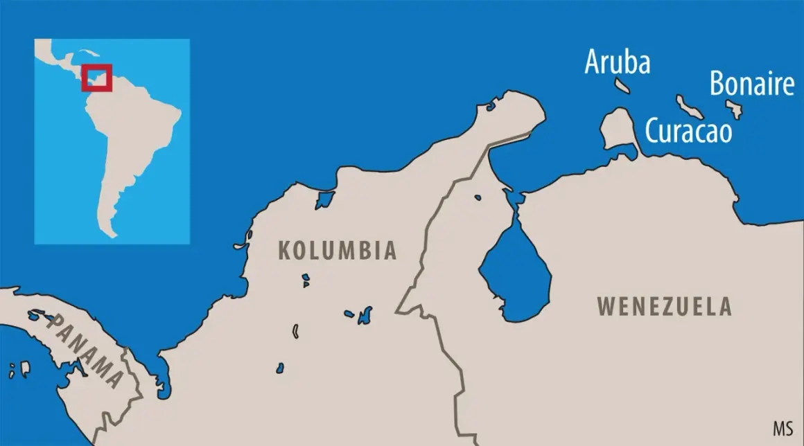 Mapa pokazuje, gdzie jest Aruba, wraz z Curaçao i Bonaire, na północ od Wenezueli i Kolumbii.