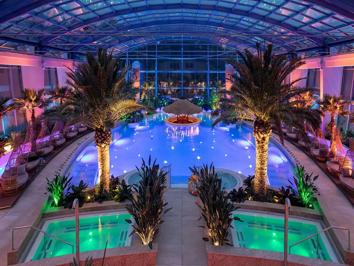 Tropikalny raj w hotelu dla dorosłych: basen z podświetlanym barem, palmy i jacuzzi. Idealne miejsce na relaks.