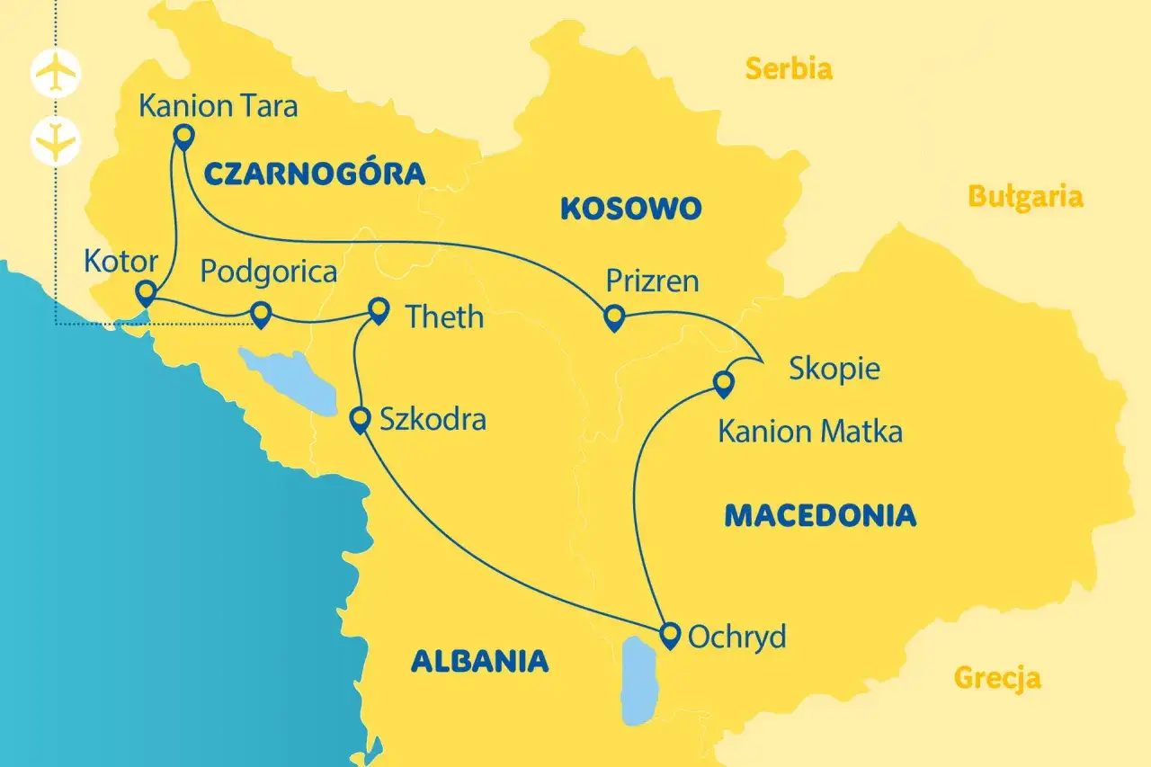 Mapa turystyczna Bałkanów. Trasa wiedzie przez Czarnogórę, Kosowo, Macedonię i Albanię, pokazując miejsca takie jak Kotor, Podgorica, Theth, Szkodra, Prizren, Skopie, Ochryd. Gdzie jest Albania? Tutaj!