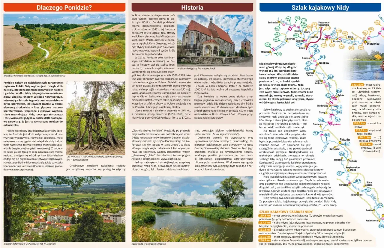 Mapa Ponidzia z zaznaczonymi trasami kajakowymi Nidy. Opis regionu, jego historii i atrakcji turystycznych.