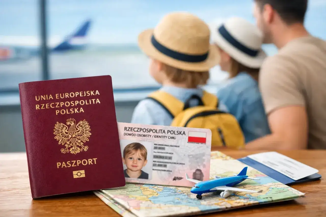 Paszport i dowód osobisty dziecka na tle rodziny czekającej na samolot. Czy na Maltę potrzebny paszport? Tak, dla obywateli spoza UE.