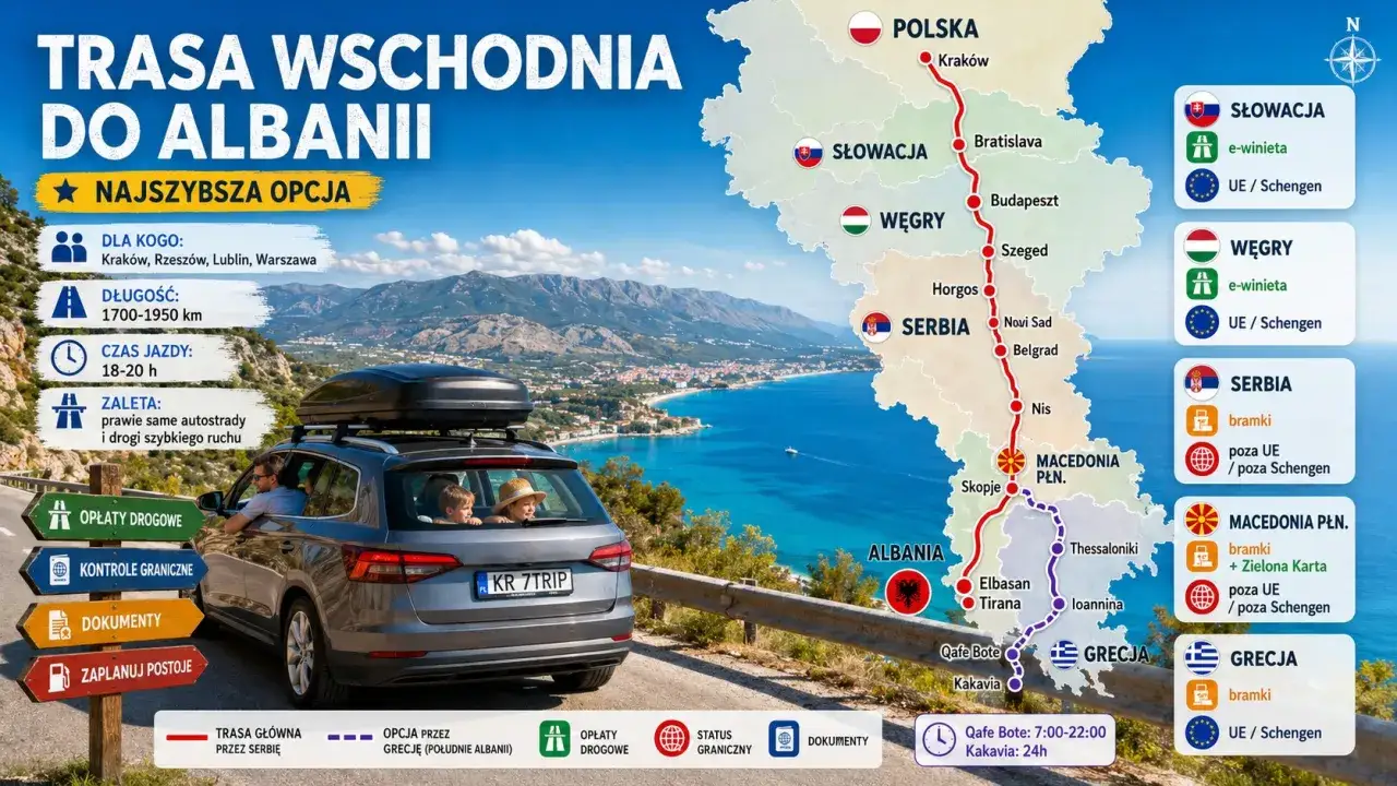 Rodzina w samochodzie z bagażnikiem dachowym jedzie malowniczą trasą do Albanii. Mapa pokazuje drogę przez Polskę, Słowację, Węgry, Serbię, Macedonię Płn. i Grecję.