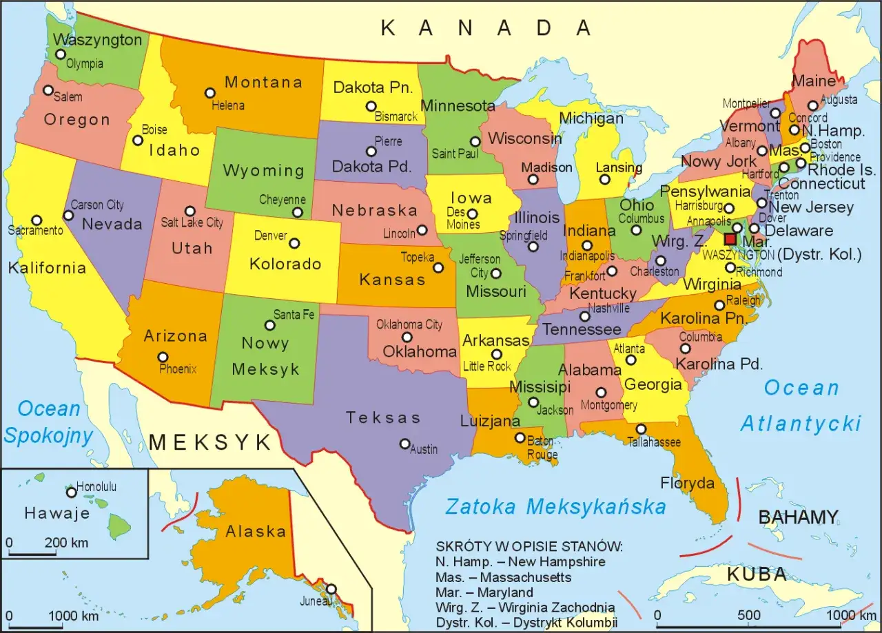Kolorowa mapa polityczna przedstawiająca stany w USA, ich stolice i sąsiadujące kraje.