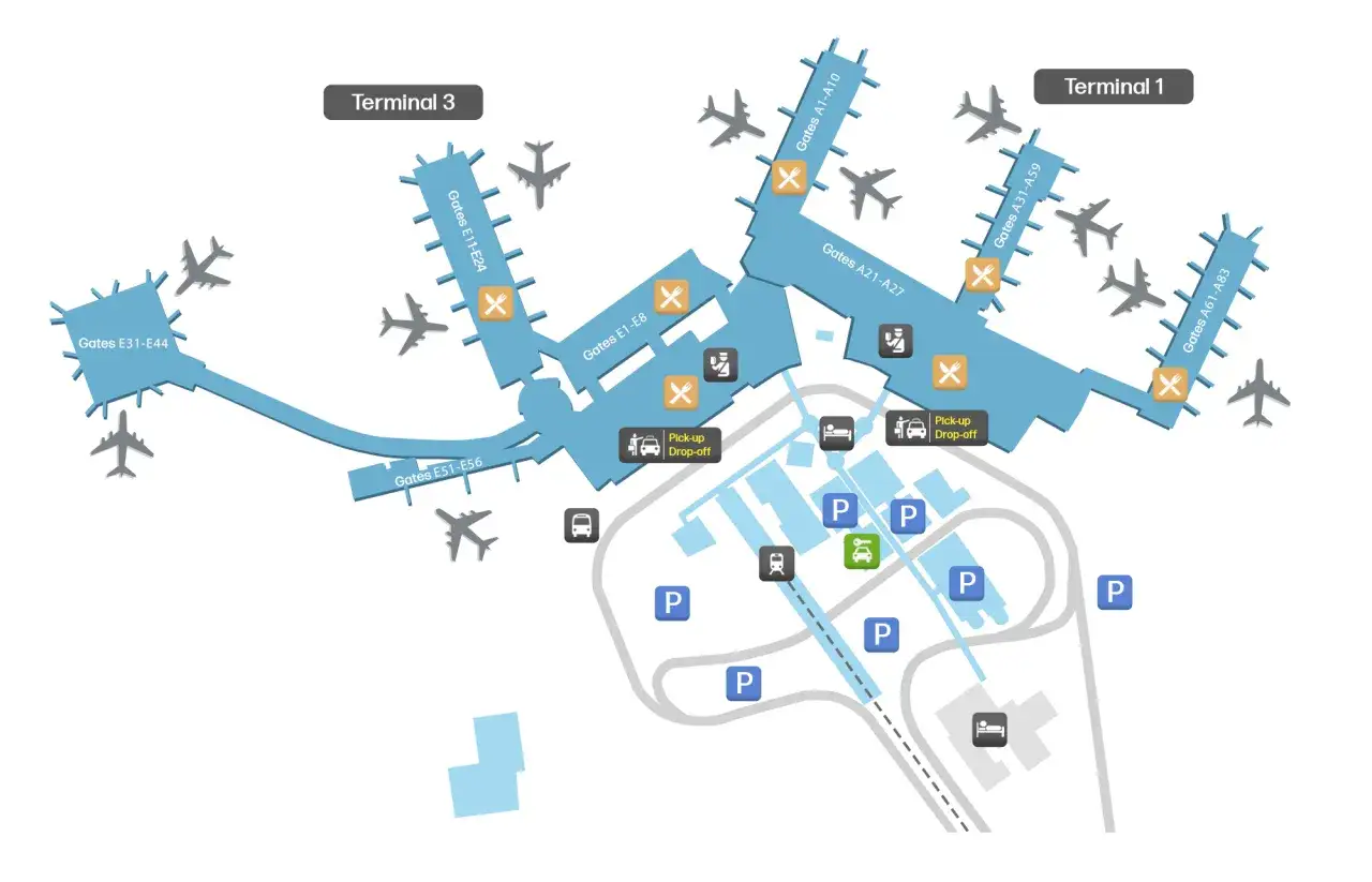 Plan lotniska Rzym Fiumicino: Terminal 1 i 3 z bramkami, parkingami, strefami odbioru/odwozu pasażerów i ikonami restauracji.