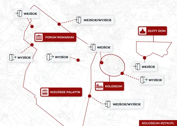 Mapa pokazuje, gdzie jest Koloseum w Rzymie, wraz z Forum Romanum i Palatynem. Wskazuje wejścia i wyjścia.