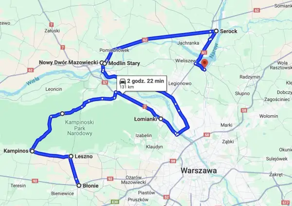 Trasa samochodowa przez północ Polski, wiodąca przez Kampinoski Park Narodowy, Łomianki, Modlin Stary i Serock.