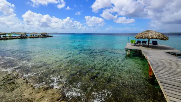 Bonaire wyspa: drewniany pomost z leżakami i parasolem, turkusowa woda, skaliste dno, chmury na niebie.