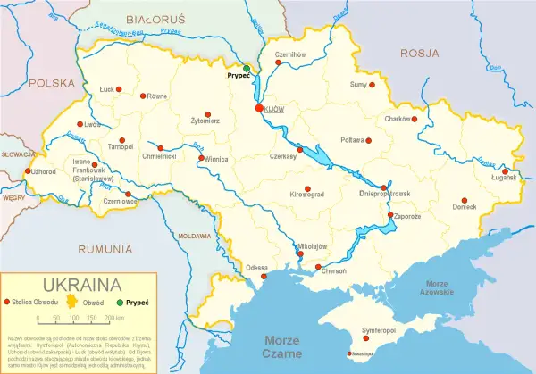 Mapa Ukrainy z zaznaczonym Prypeciem, miastem, gdzie jest Czarnobyl.
