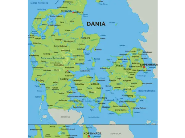 Mapa Danii z zaznaczonymi miastami i regionami. Gdzie jest Dania? Dania to kraj na północy Europy, otoczony wodami.