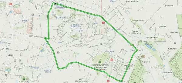 Trasa rowerowa wokół osiedli i terenów zielonych, w tym przez **Andrespol**.