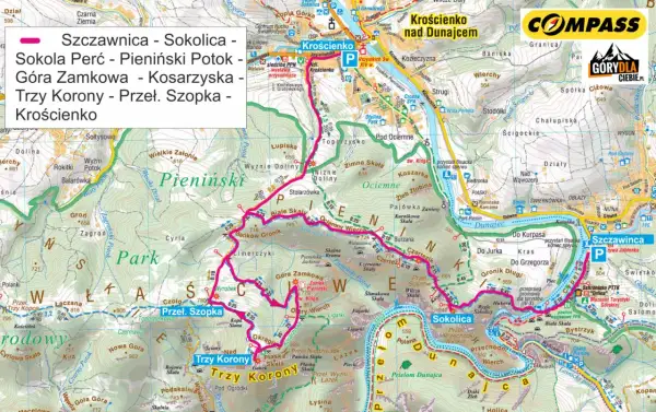 Mapa turystyczna Pienin z zaznaczonymi szlakami, w tym **Trzy Korony szlak**. Widoczne miejscowości: Krościenko, Szczawnica, Sokolica.