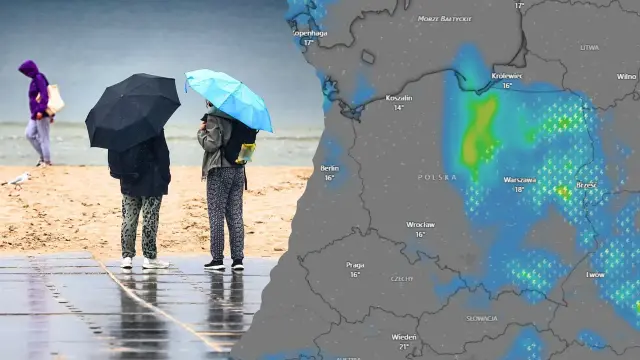 Deszcz nad morzem, ludzie z parasolami. Mapa pogody pokazuje burze nad Polską, dając najbardziej wiarygodną pogodę nad morzem.